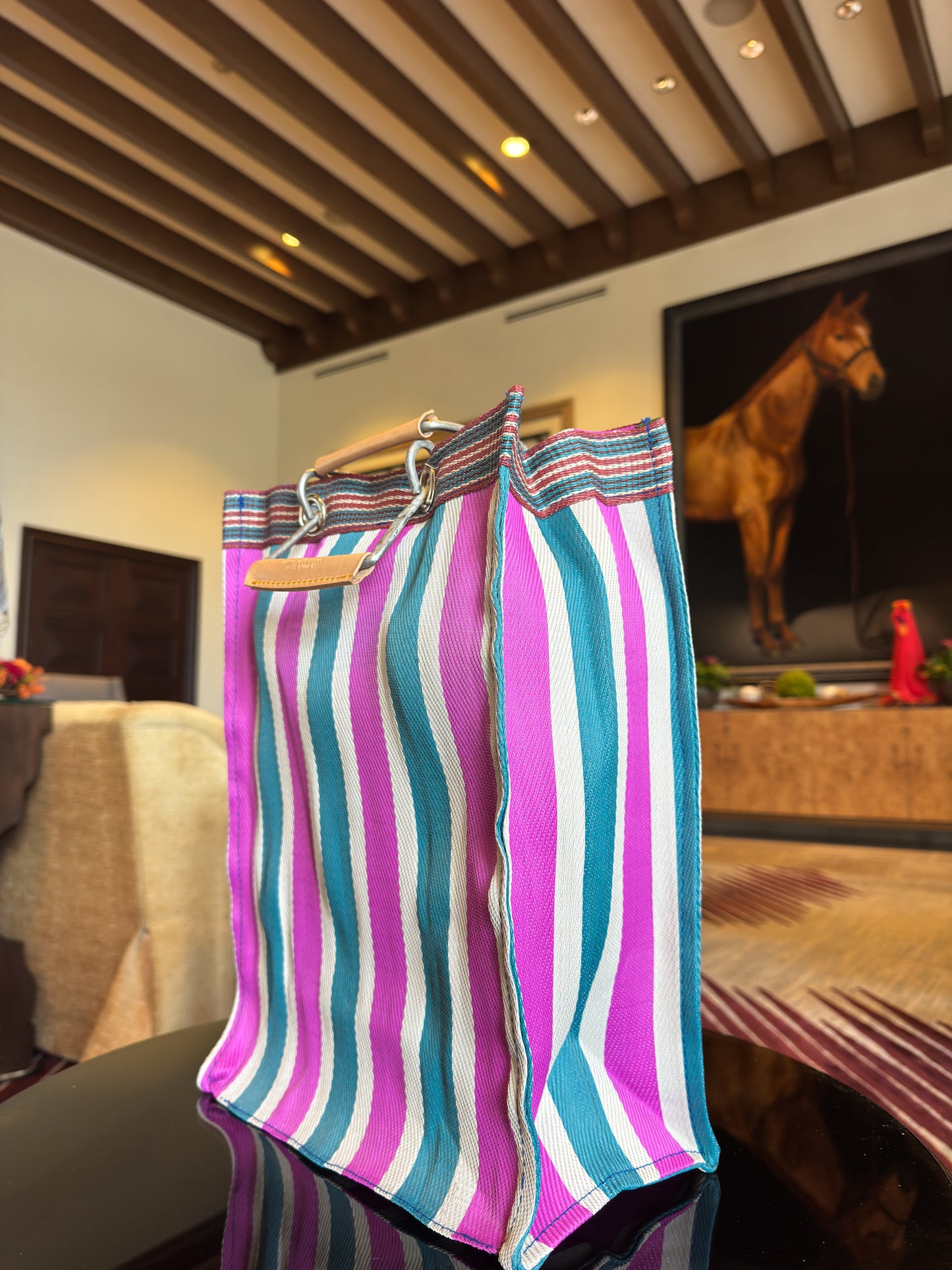 Striped Bag -Green & Pink -Tall